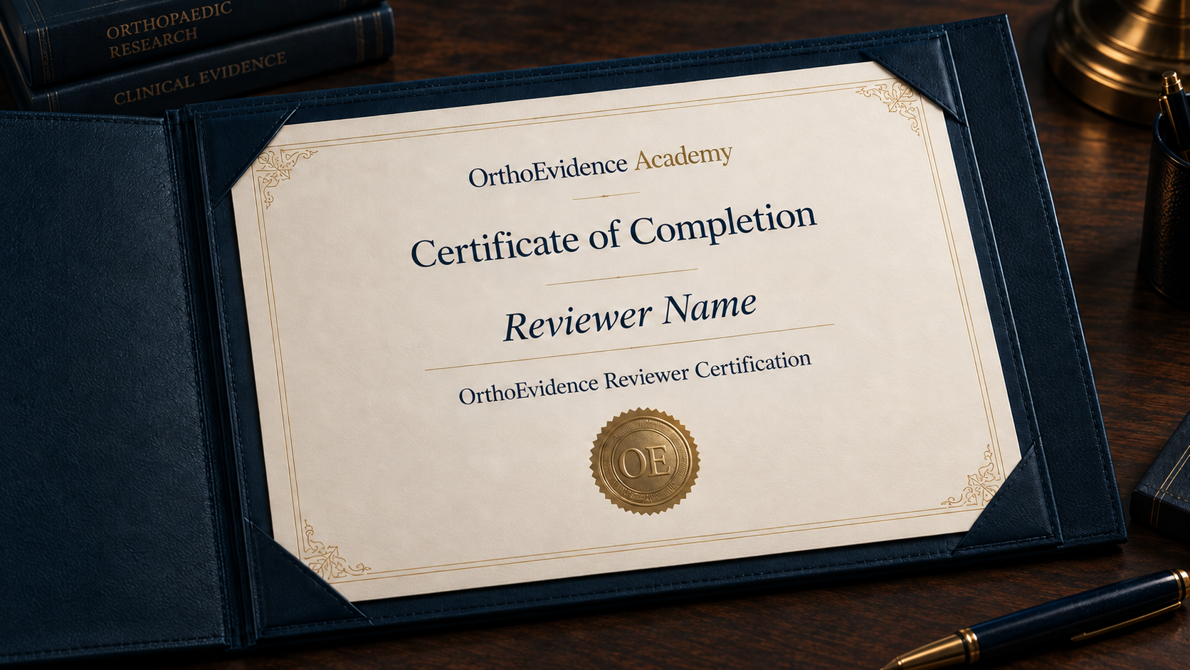 Illustrative preview of the OrthoEvidence Academy Certificate of Completion in a navy presentation folio, with OE embossed on its gold seal